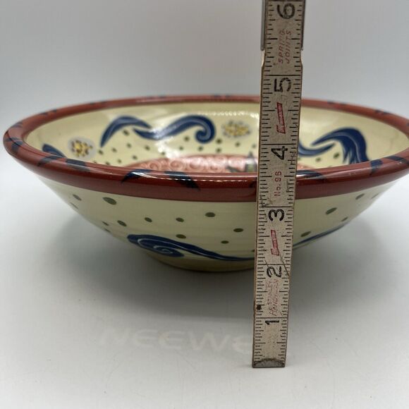 American Folk Art Pottery Serving Bowl Bird Hand Painted McNeil Red Blue 11" - Picture 9 of 9